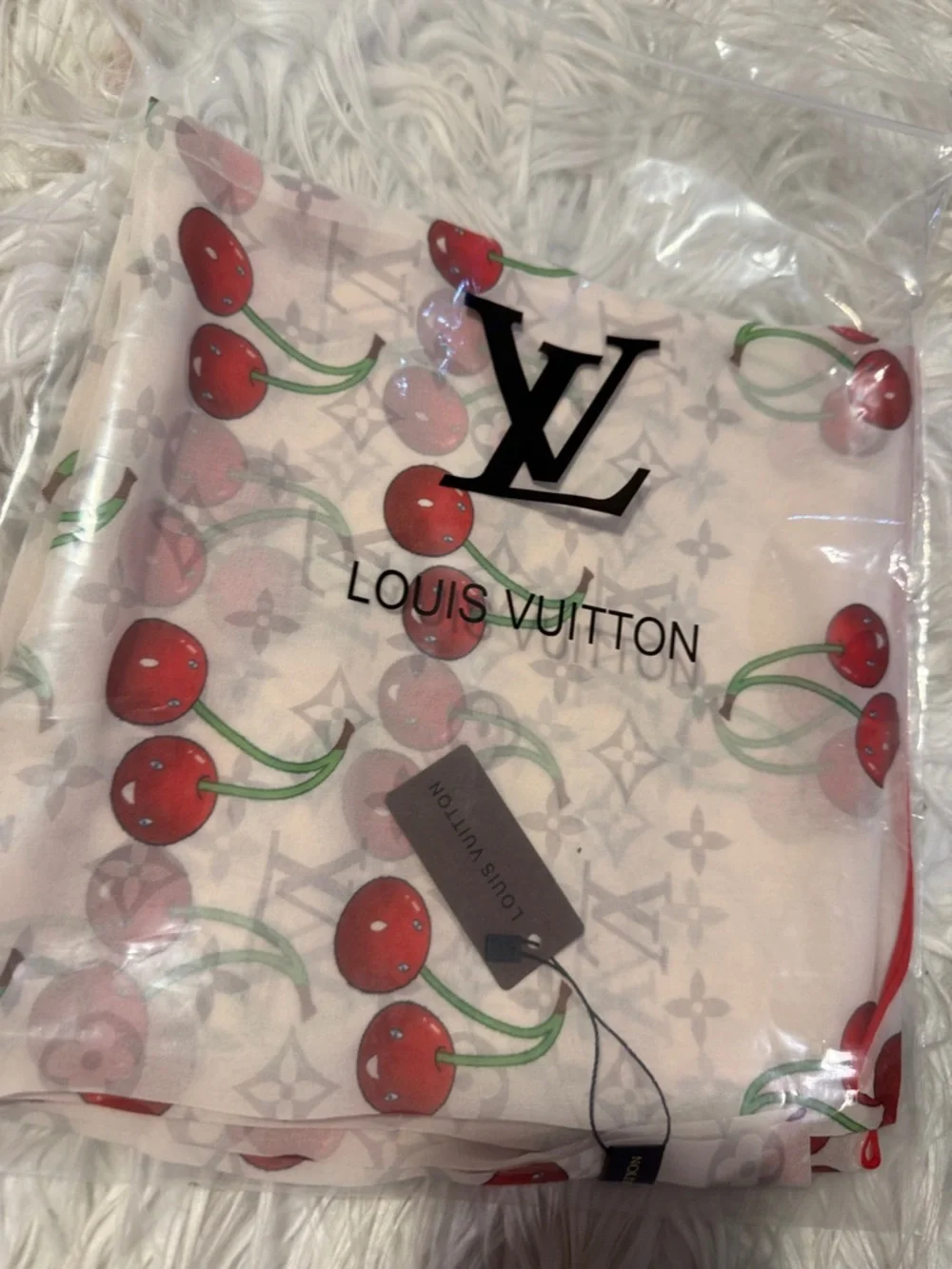 LOUIS VUlTTON 100% silk cherry print monogram scarf 40x40 custom print design